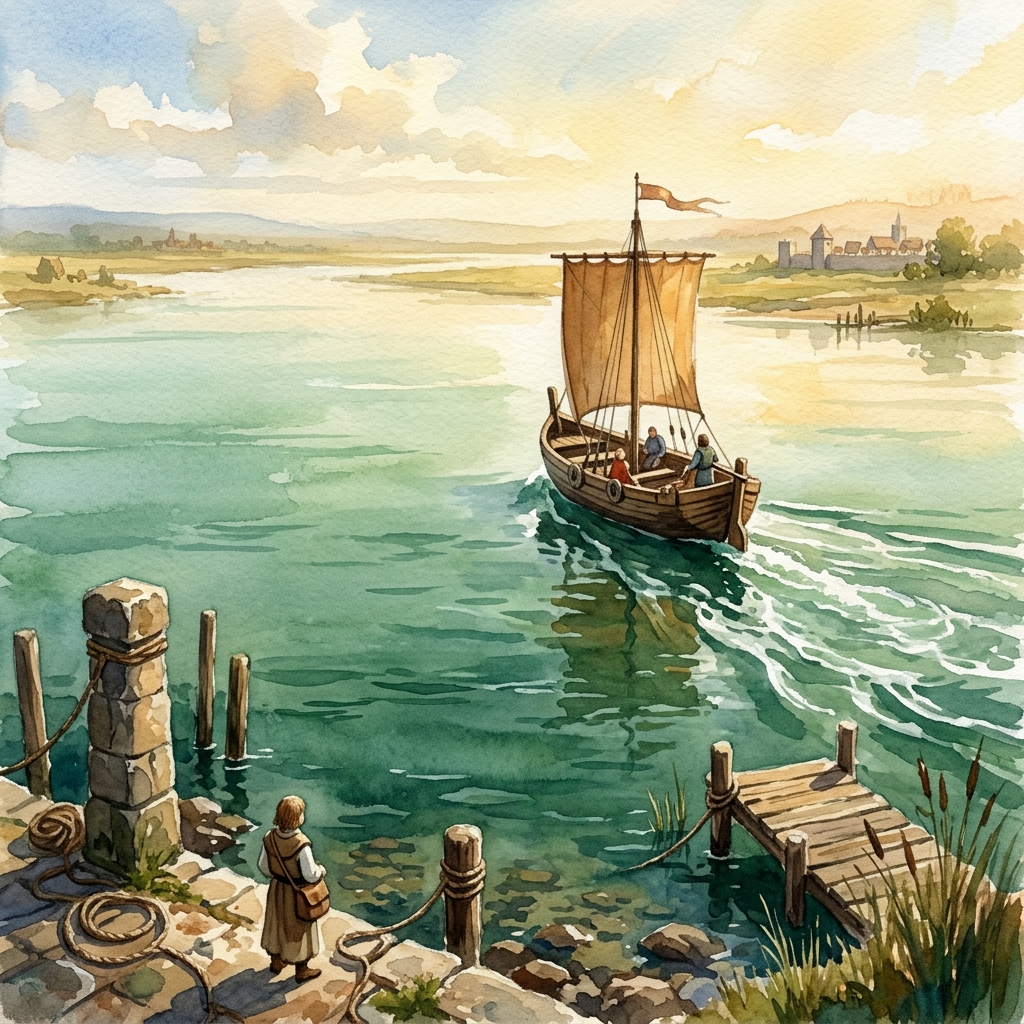 対岸から近づく渡し船