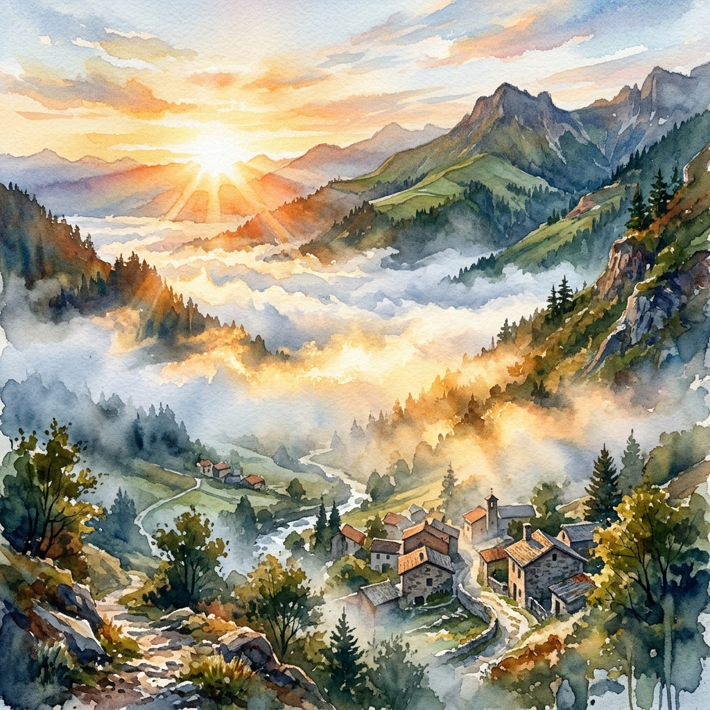 霧が金色に染まる朝