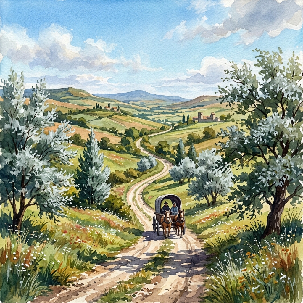 銀葉の常緑樹が並ぶ丘陵の街道